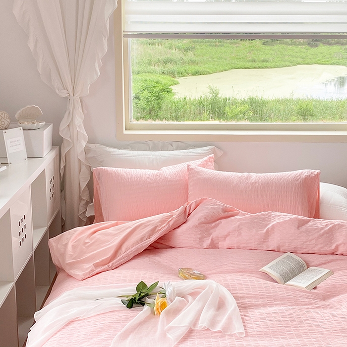 91家纺网 家纺一手货源 找家纺 （总）贝尔 PELLHOME 全棉ins简约泡泡纱四件套柔软纯棉仙女纯色床上用品（可抖音代发）
