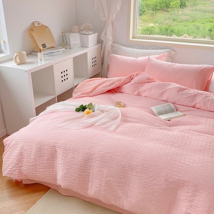 91家纺网 家纺一手货源 找家纺 （总）贝尔 PELLHOME 全棉ins简约泡泡纱四件套柔软纯棉仙女纯色床上用品（可抖音代发）