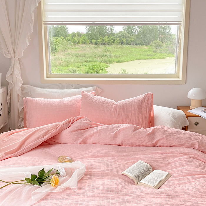 91家纺网 家纺一手货源 找家纺 （总）贝尔 PELLHOME 全棉ins简约泡泡纱四件套柔软纯棉仙女纯色床上用品（可抖音代发）