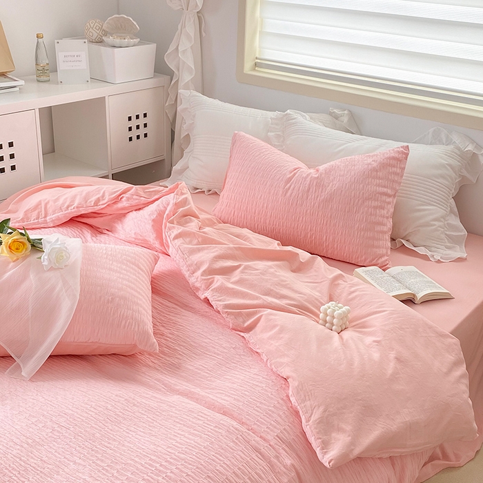 91家纺网 家纺一手货源 找家纺 （总）贝尔 PELLHOME 全棉ins简约泡泡纱四件套柔软纯棉仙女纯色床上用品（可抖音代发）