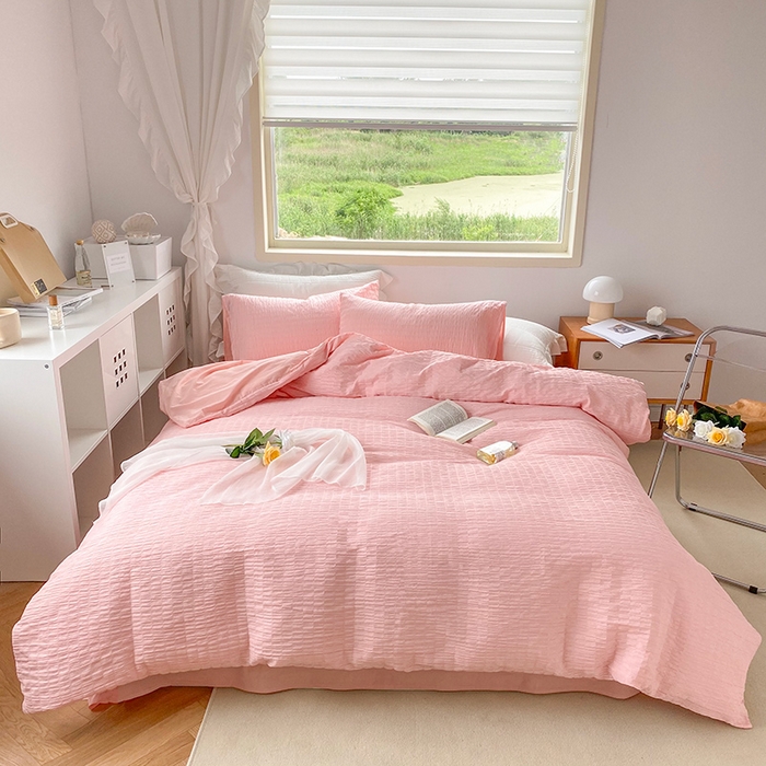 贝尔 PELLHOME 全棉ins简约泡泡纱四件套柔软纯棉仙女纯色床上用品（可抖音代发） 苏桃