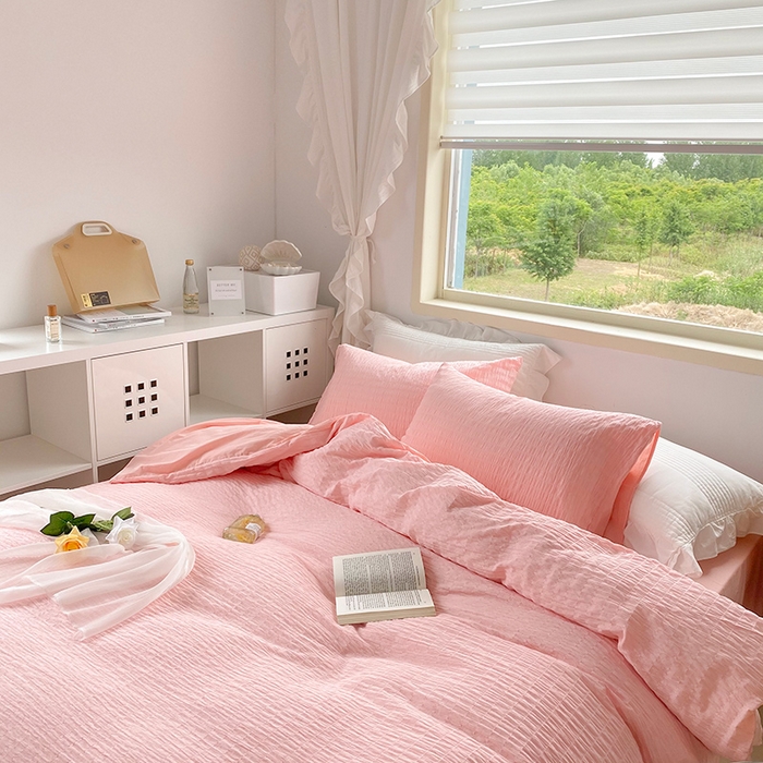 91家纺网 家纺一手货源 找家纺 贝尔 PELLHOME 全棉ins简约泡泡纱四件套柔软纯棉仙女纯色床上用品（可抖音代发） 苏桃