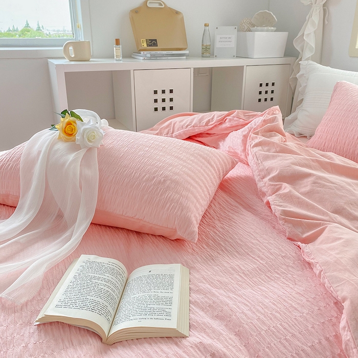 91家纺网 家纺一手货源 找家纺 贝尔 PELLHOME 全棉ins简约泡泡纱四件套柔软纯棉仙女纯色床上用品（可抖音代发） 苏桃