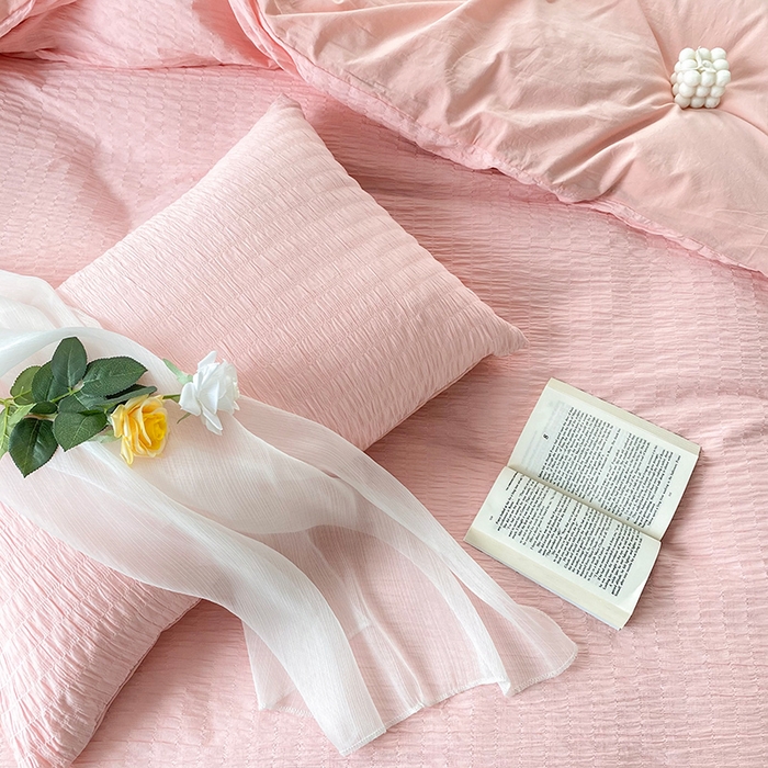 91家纺网 家纺一手货源 找家纺 贝尔 PELLHOME 全棉ins简约泡泡纱四件套柔软纯棉仙女纯色床上用品（可抖音代发） 苏桃