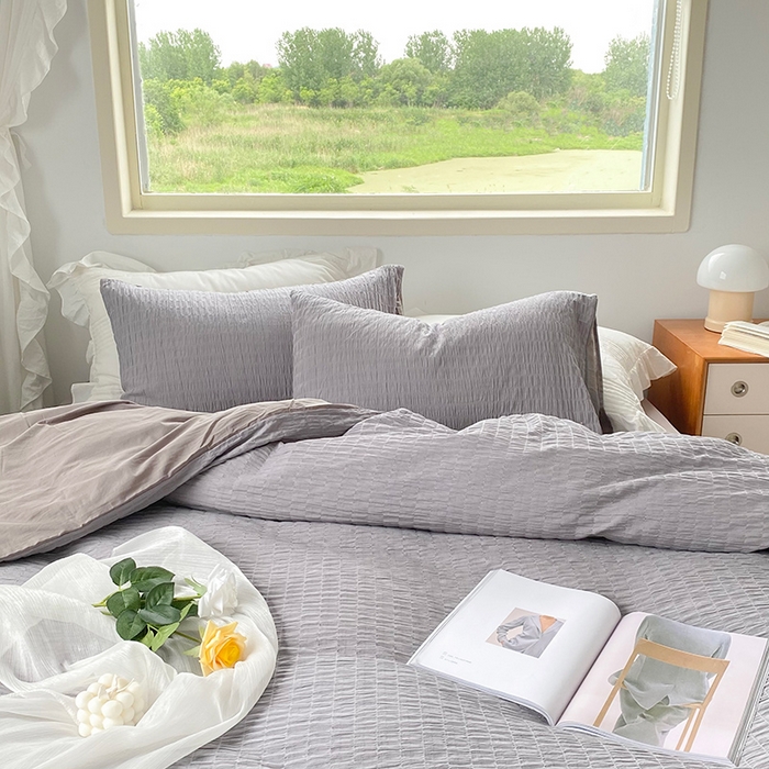 91家纺网 家纺一手货源 找家纺 贝尔 PELLHOME 全棉ins简约泡泡纱四件套柔软纯棉仙女纯色床上用品（可抖音代发） 灰茶