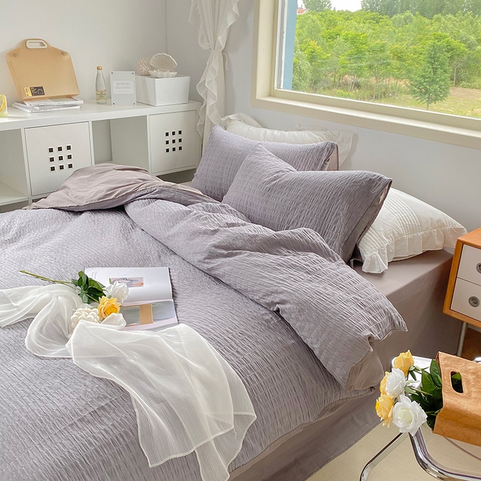 91家纺网 家纺一手货源 找家纺 贝尔 PELLHOME 全棉ins简约泡泡纱四件套柔软纯棉仙女纯色床上用品（可抖音代发） 灰茶