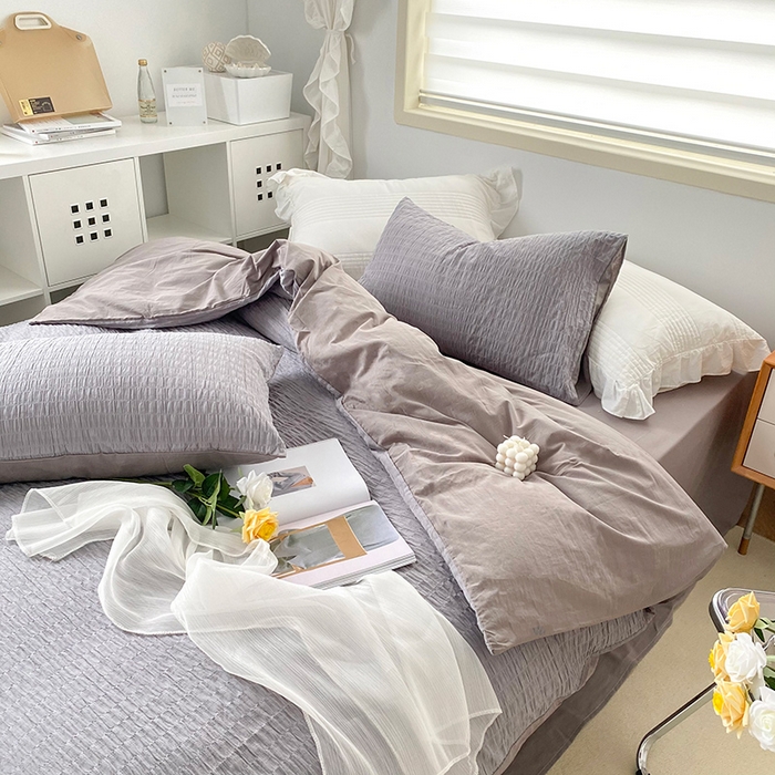 91家纺网 家纺一手货源 找家纺 贝尔 PELLHOME 全棉ins简约泡泡纱四件套柔软纯棉仙女纯色床上用品（可抖音代发） 灰茶