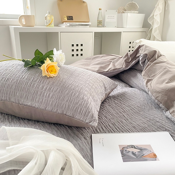 91家纺网 家纺一手货源 找家纺 贝尔 PELLHOME 全棉ins简约泡泡纱四件套柔软纯棉仙女纯色床上用品（可抖音代发） 灰茶