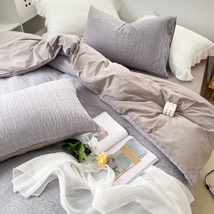 91家纺网 家纺一手货源 找家纺 贝尔 PELLHOME 全棉ins简约泡泡纱四件套柔软纯棉仙女纯色床上用品（可抖音代发） 灰茶