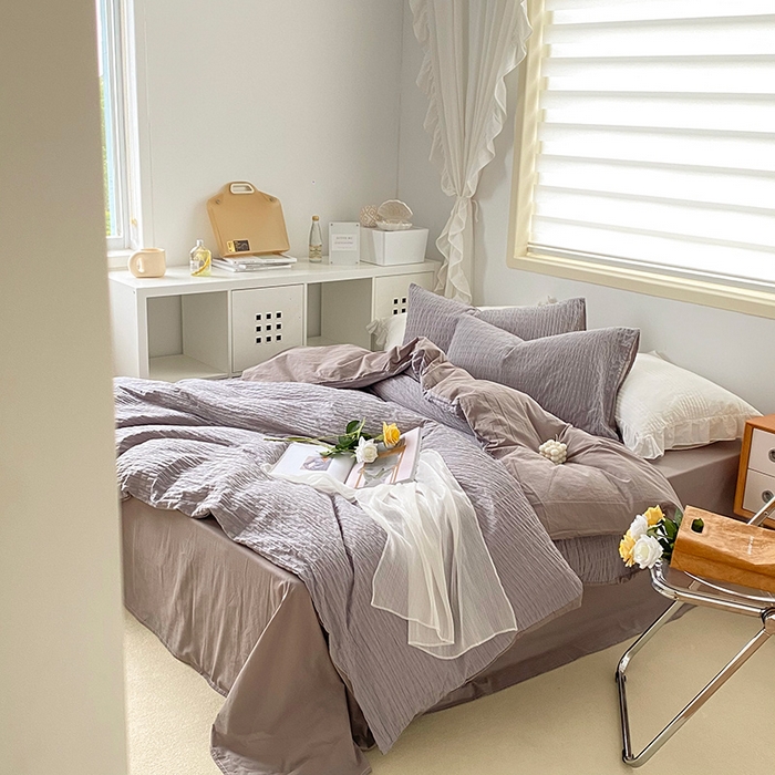 91家纺网 家纺一手货源 找家纺 贝尔 PELLHOME 全棉ins简约泡泡纱四件套柔软纯棉仙女纯色床上用品（可抖音代发） 灰茶