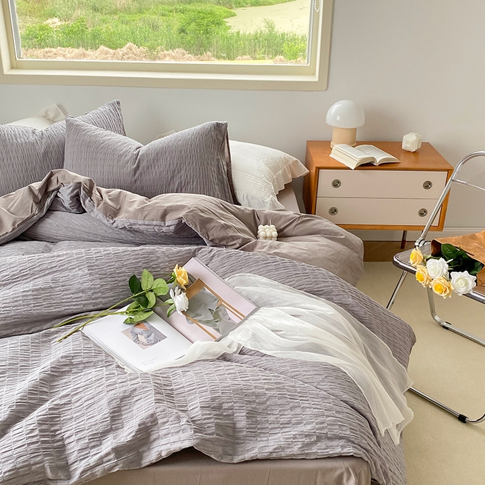 91家纺网 家纺一手货源 找家纺 贝尔 PELLHOME 全棉ins简约泡泡纱四件套柔软纯棉仙女纯色床上用品（可抖音代发） 灰茶