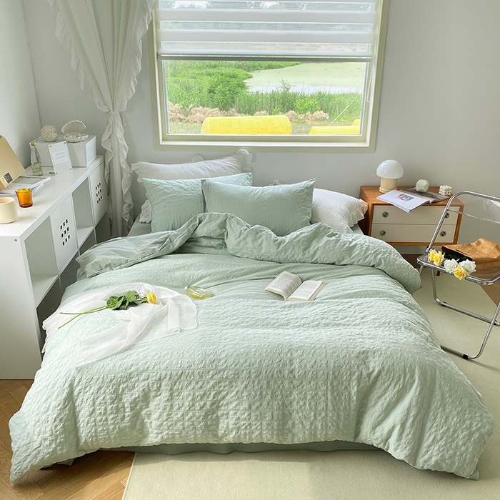 贝尔 PELLHOME 全棉ins简约泡泡纱四件套柔软纯棉仙女纯色床上用品（可抖音代发） 水绿