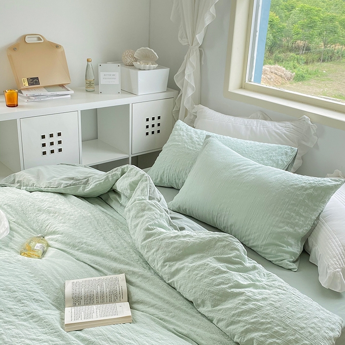 91家纺网 家纺一手货源 找家纺 贝尔 PELLHOME 全棉ins简约泡泡纱四件套柔软纯棉仙女纯色床上用品（可抖音代发） 水绿