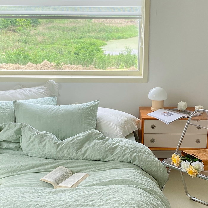 91家纺网 家纺一手货源 找家纺 贝尔 PELLHOME 全棉ins简约泡泡纱四件套柔软纯棉仙女纯色床上用品（可抖音代发） 水绿