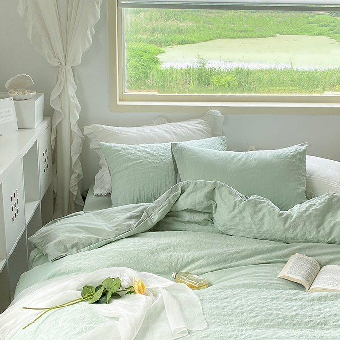91家纺网 家纺一手货源 找家纺 贝尔 PELLHOME 全棉ins简约泡泡纱四件套柔软纯棉仙女纯色床上用品（可抖音代发） 水绿
