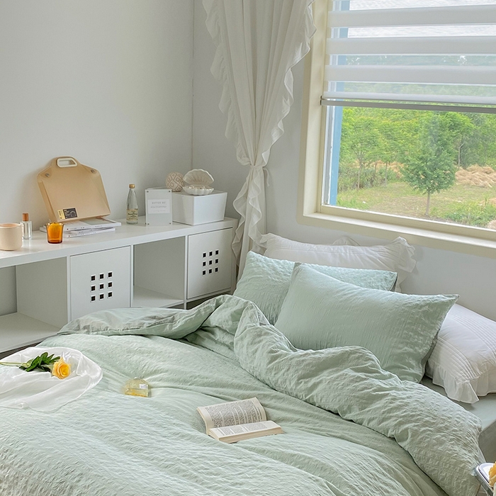 91家纺网 家纺一手货源 找家纺 贝尔 PELLHOME 全棉ins简约泡泡纱四件套柔软纯棉仙女纯色床上用品（可抖音代发） 水绿