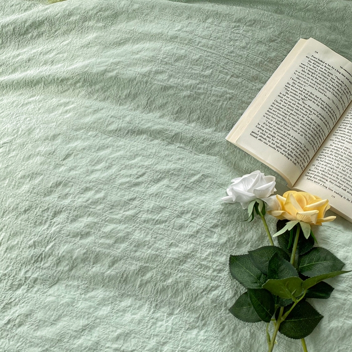 91家纺网 家纺一手货源 找家纺 贝尔 PELLHOME 全棉ins简约泡泡纱四件套柔软纯棉仙女纯色床上用品（可抖音代发） 水绿