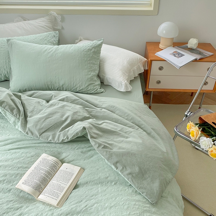 91家纺网 家纺一手货源 找家纺 贝尔 PELLHOME 全棉ins简约泡泡纱四件套柔软纯棉仙女纯色床上用品（可抖音代发） 水绿