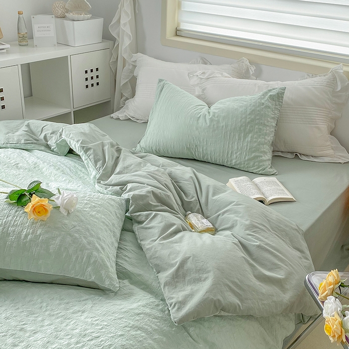91家纺网 家纺一手货源 找家纺 贝尔 PELLHOME 全棉ins简约泡泡纱四件套柔软纯棉仙女纯色床上用品（可抖音代发） 水绿