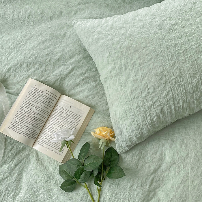 91家纺网 家纺一手货源 找家纺 贝尔 PELLHOME 全棉ins简约泡泡纱四件套柔软纯棉仙女纯色床上用品（可抖音代发） 水绿