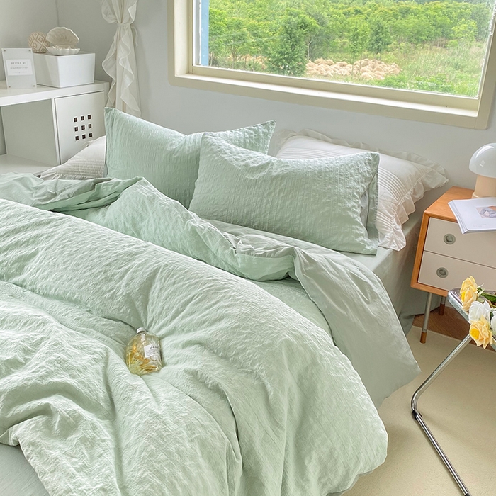 91家纺网 家纺一手货源 找家纺 贝尔 PELLHOME 全棉ins简约泡泡纱四件套柔软纯棉仙女纯色床上用品（可抖音代发） 水绿