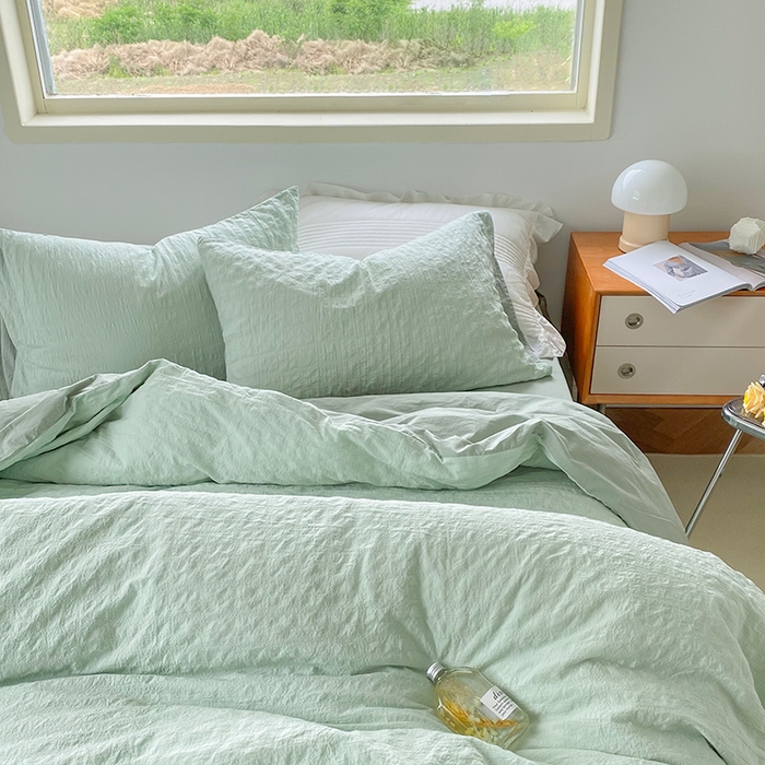 91家纺网 家纺一手货源 找家纺 贝尔 PELLHOME 全棉ins简约泡泡纱四件套柔软纯棉仙女纯色床上用品（可抖音代发） 水绿