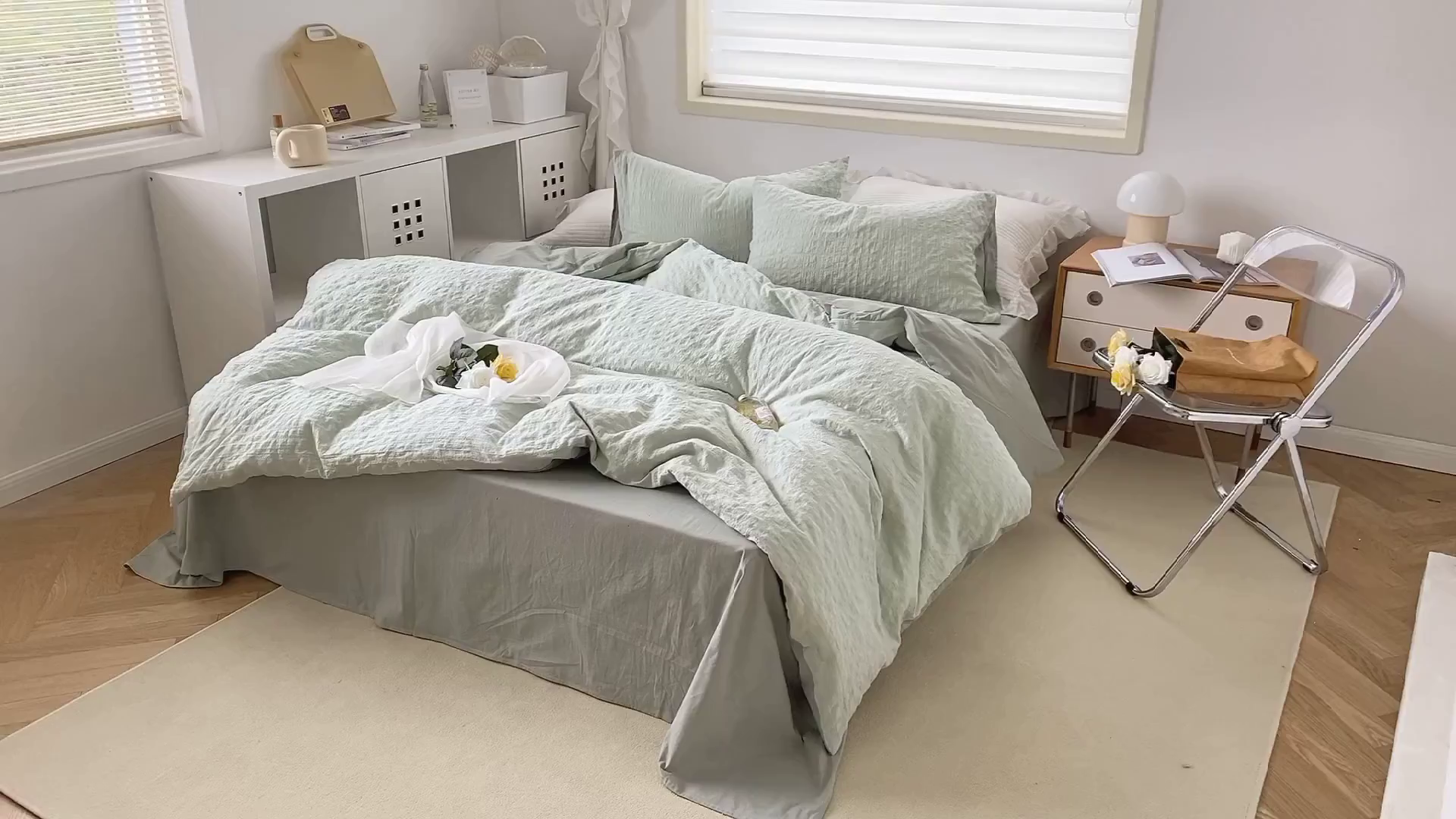 91家纺网 家纺一手货源 找家纺 贝尔 PELLHOME 全棉ins简约泡泡纱四件套柔软纯棉仙女纯色床上用品（可抖音代发） 水绿