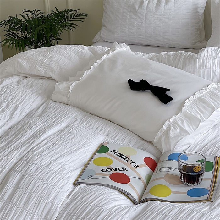 91家纺网 家纺一手货源 找家纺 贝尔 PELLHOME 全棉ins简约泡泡纱四件套柔软纯棉仙女纯色床上用品（可抖音代发） 雪白