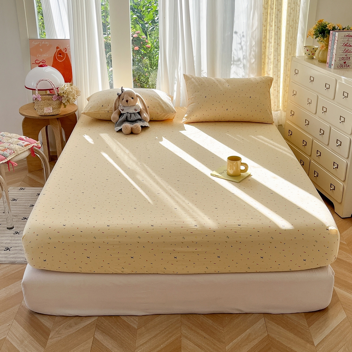 91家纺网 家纺一手货源 找家纺 沐芷 2025 沐芷A类双层纱床笠单件/床笠三件套  床笠款床罩床垫保护套罩 冰淇淋