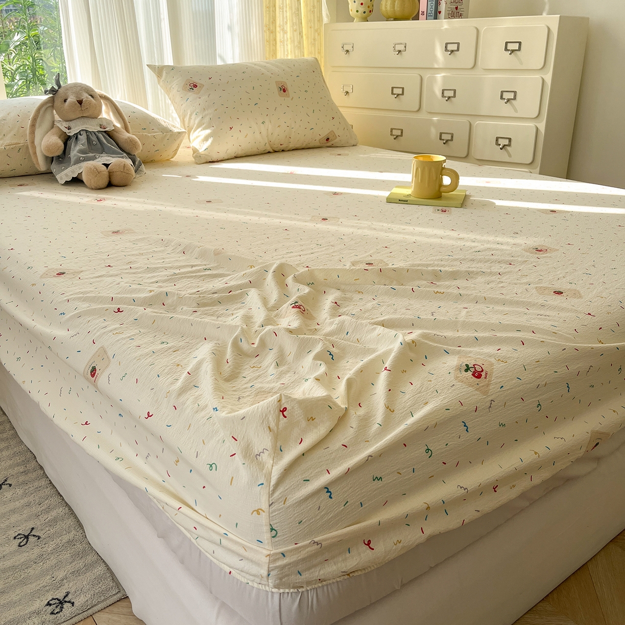 91家纺网 家纺一手货源 找家纺 沐芷 2025 沐芷A类双层纱床笠单件/床笠三件套  床笠款床罩床垫保护套罩 草莓糖霜