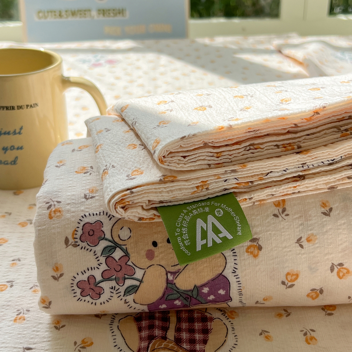 91家纺网 家纺一手货源 找家纺 沐芷 2025 沐芷A类双层纱床笠单件/床笠三件套  床笠款床罩床垫保护套罩 春日小熊