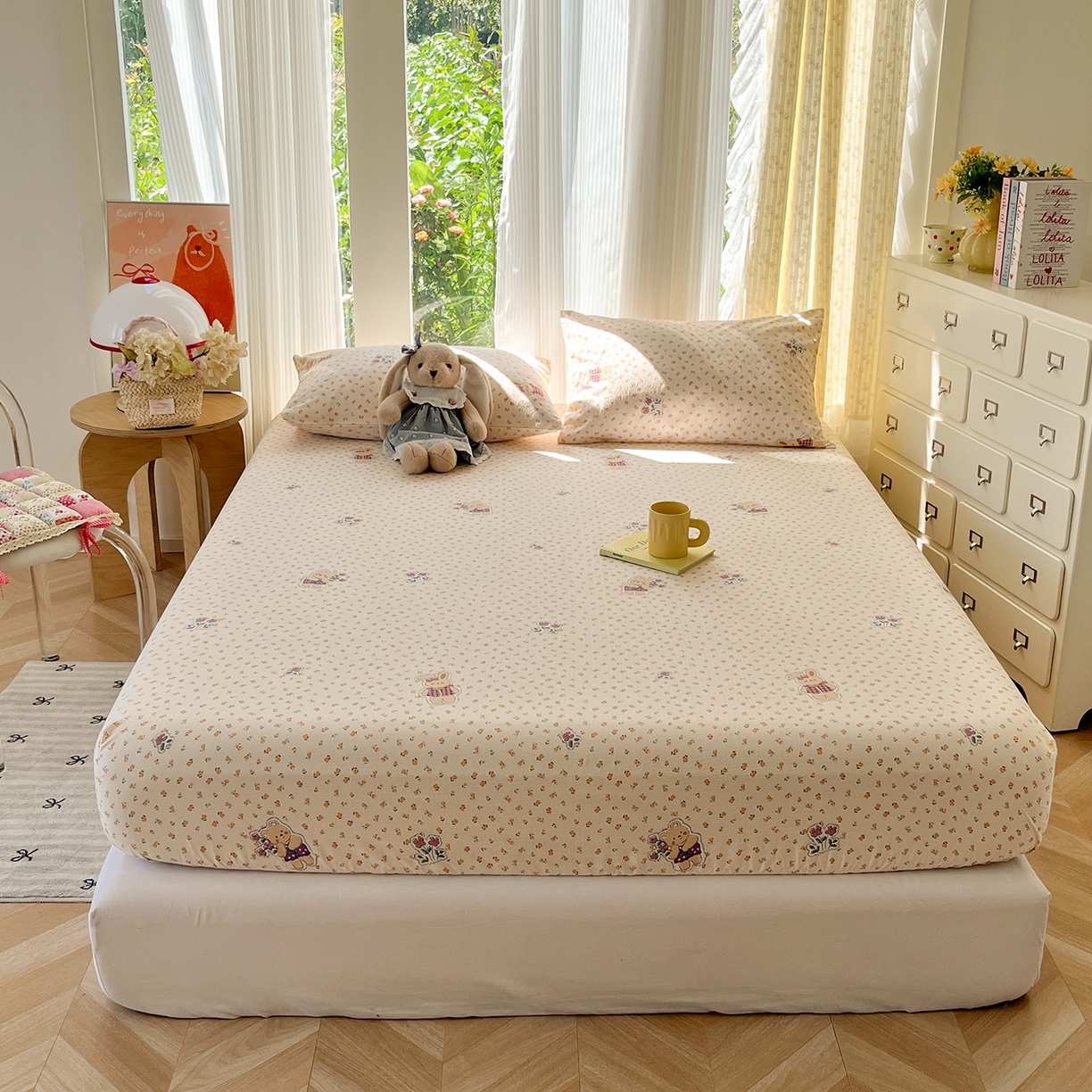 91家纺网 家纺一手货源 找家纺 沐芷 2025 沐芷A类双层纱床笠单件/床笠三件套  床笠款床罩床垫保护套罩 春日小熊