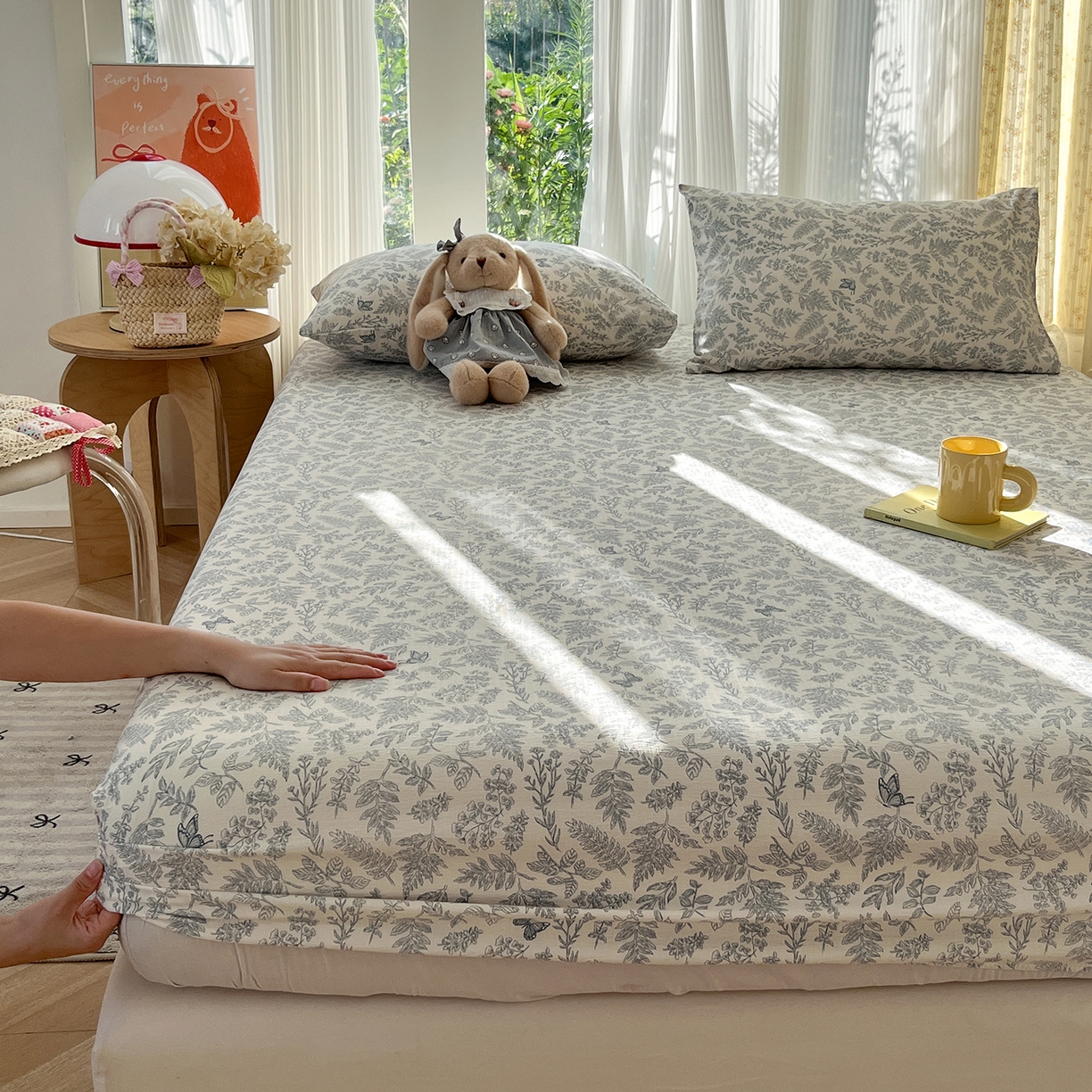 91家纺网 家纺一手货源 找家纺 沐芷 2025 沐芷A类双层纱床笠单件/床笠三件套  床笠款床罩床垫保护套罩 东方草木