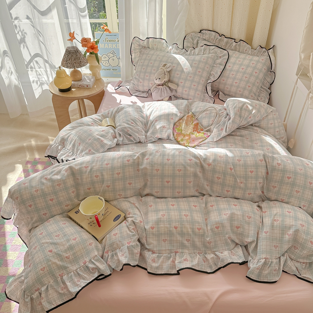 91家纺网 家纺一手货源 找家纺 （总）韩巢家纺 2025新款水洗棉大花边被套四件套直播热销款学生宿舍被罩床单三件套（提供卖家秀）