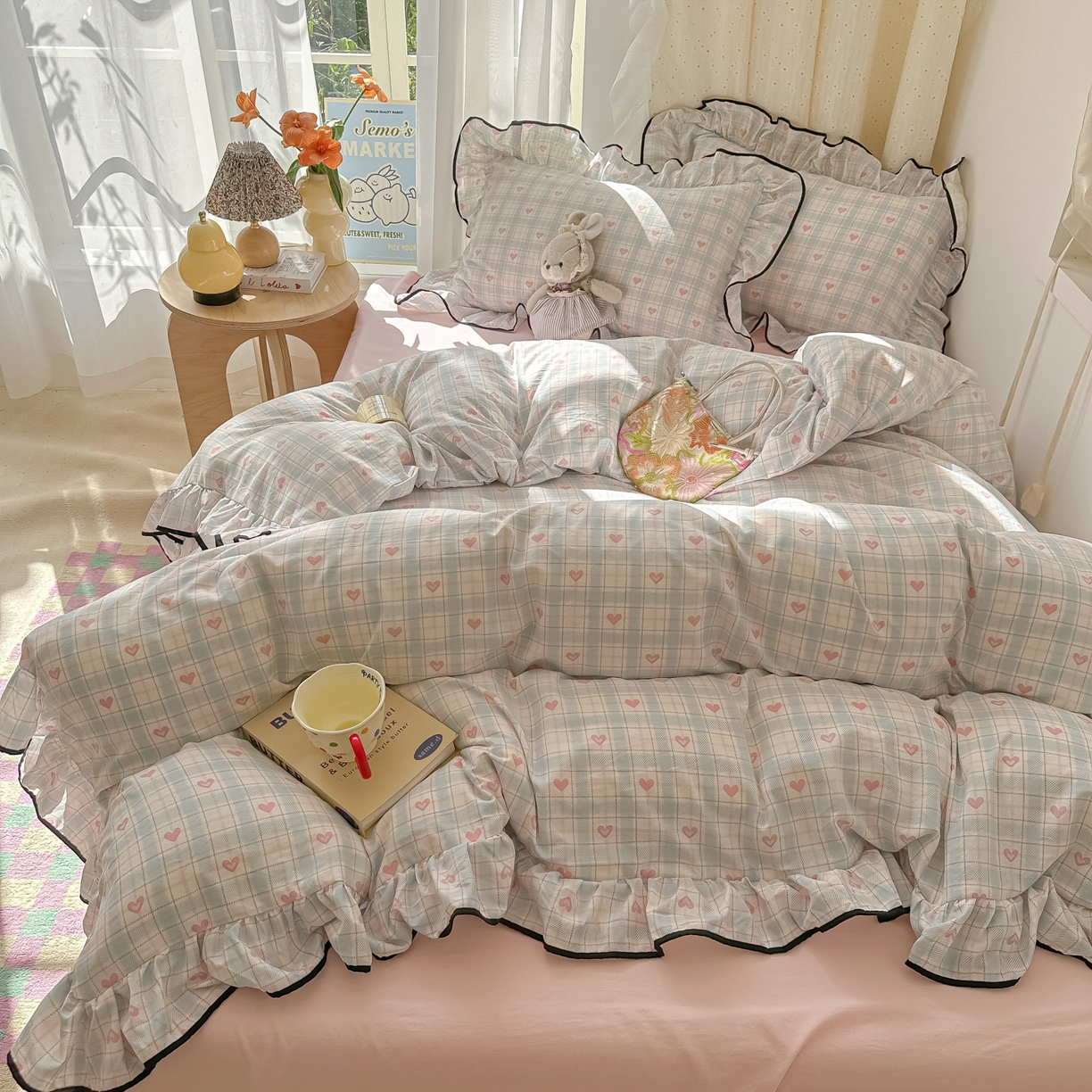 91家纺网 家纺一手货源 找家纺 （总）韩巢家纺 2025新款水洗棉大花边被套四件套直播热销款学生宿舍被罩床单三件套（提供卖家秀）