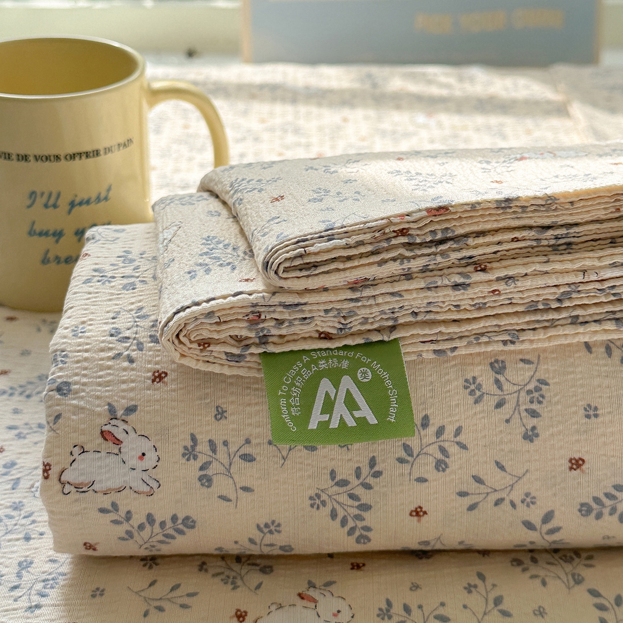 91家纺网 家纺一手货源 找家纺 沐芷 2025 沐芷A类双层纱床笠单件/床笠三件套  床笠款床罩床垫保护套罩 花园兔