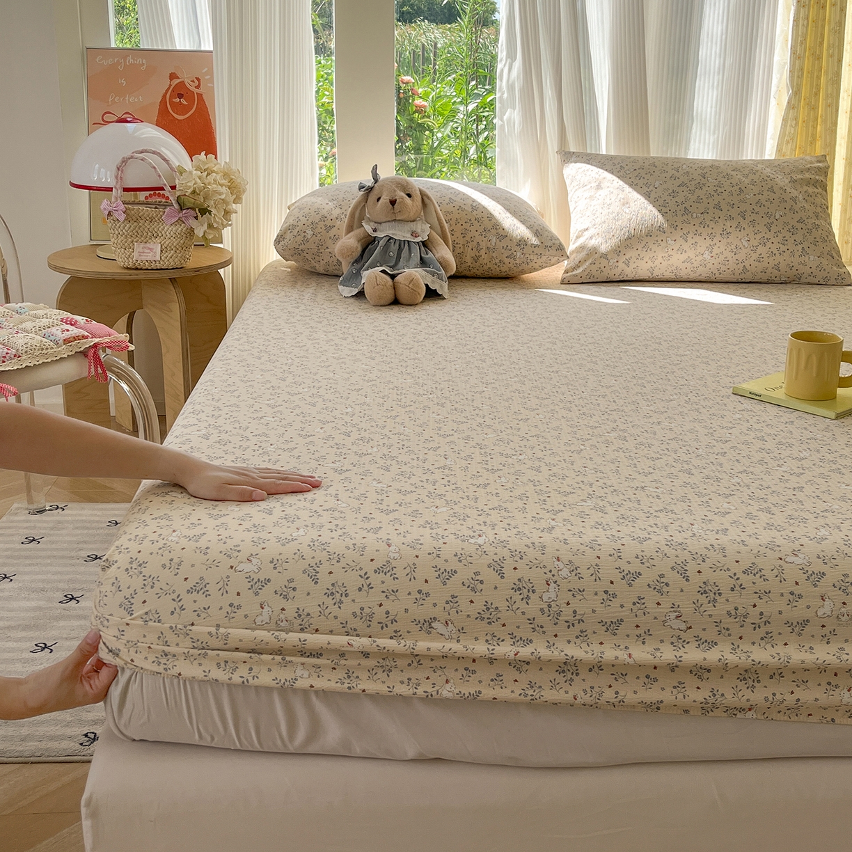 91家纺网 家纺一手货源 找家纺 沐芷 2025 沐芷A类双层纱床笠单件/床笠三件套  床笠款床罩床垫保护套罩 花园兔