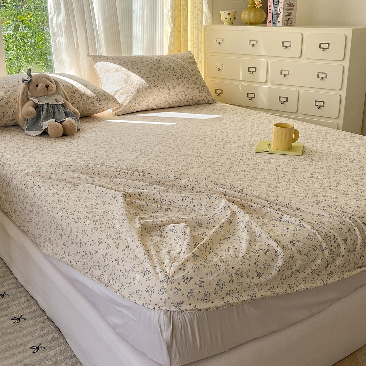 91家纺网 家纺一手货源 找家纺 沐芷 2025 沐芷A类双层纱床笠单件/床笠三件套  床笠款床罩床垫保护套罩 花园兔