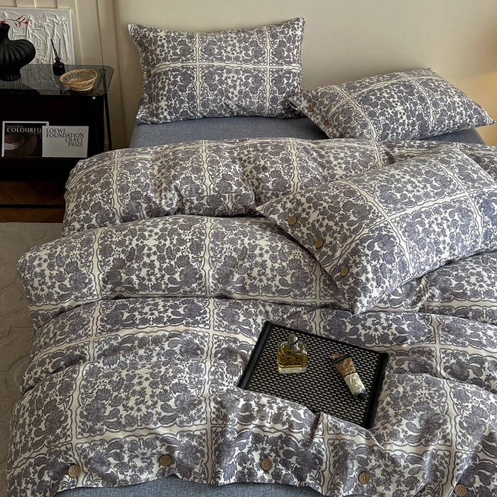 91家纺网 家纺一手货源 找家纺 仟网汇  2025新款亚麻纽扣款四件套 梵克灰