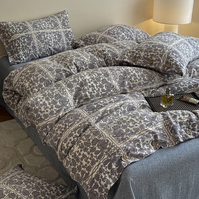 91家纺网 家纺一手货源 找家纺 仟网汇  2025新款亚麻纽扣款四件套 梵克灰