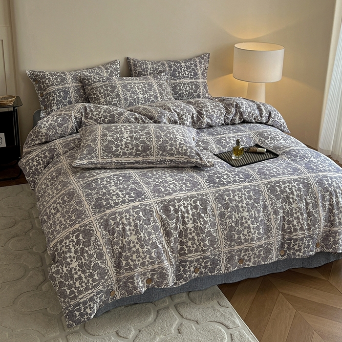 91家纺网 家纺一手货源 找家纺 仟网汇  2025新款亚麻纽扣款四件套 梵克灰