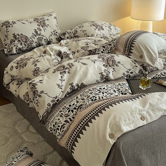 91家纺网 家纺一手货源 找家纺 仟网汇  2025新款亚麻纽扣款四件套 粉黛