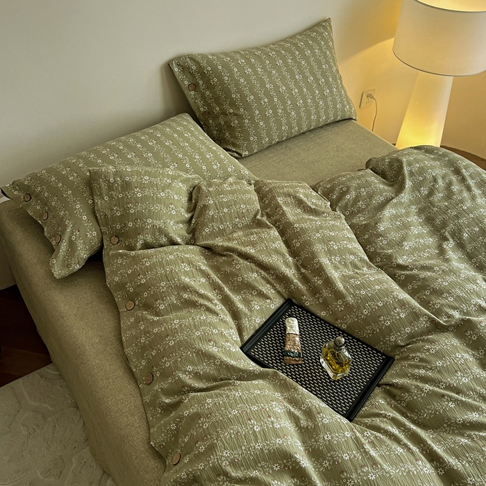 91家纺网 家纺一手货源 找家纺 仟网汇  2025新款亚麻纽扣款四件套 复古绿