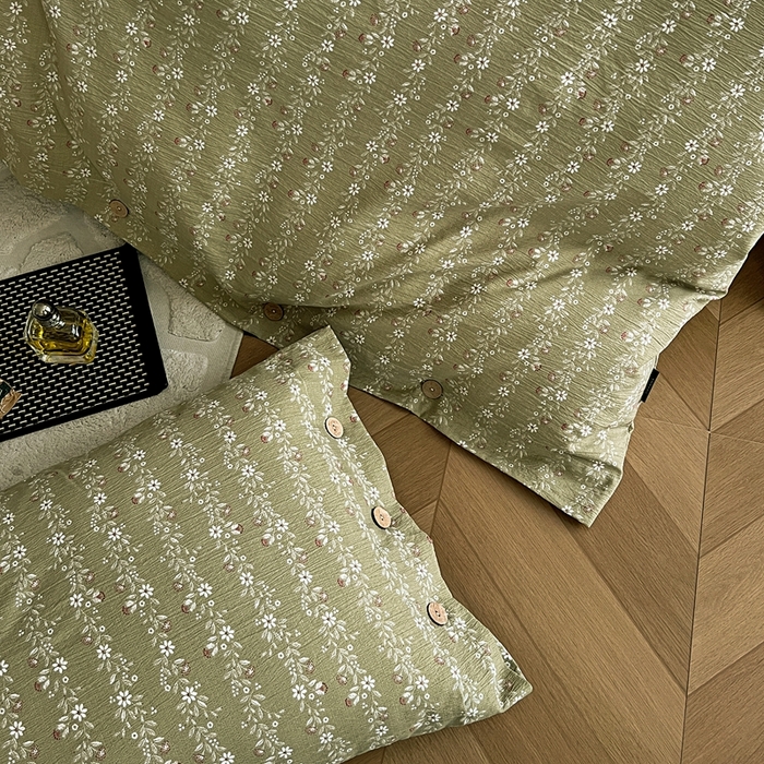 91家纺网 家纺一手货源 找家纺 仟网汇  2025新款亚麻纽扣款四件套 复古绿