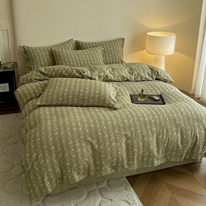 91家纺网 家纺一手货源 找家纺 仟网汇  2025新款亚麻纽扣款四件套 复古绿