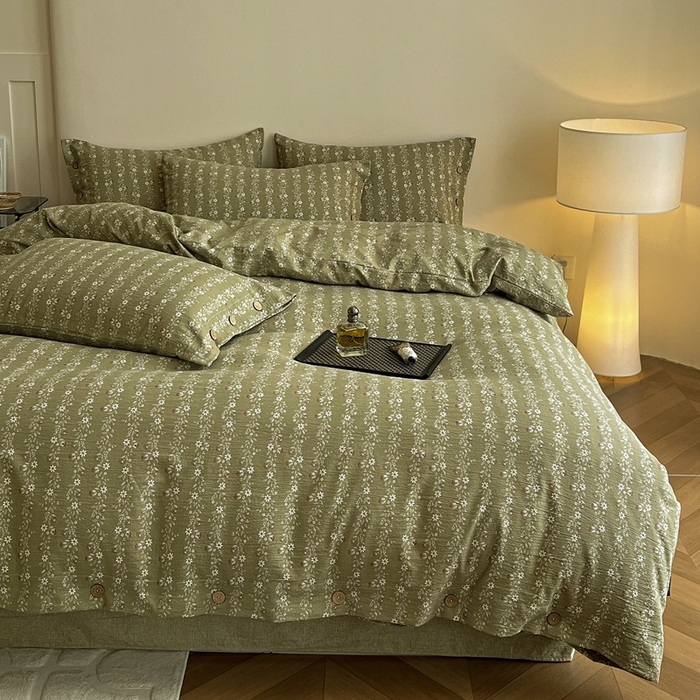 91家纺网 家纺一手货源 找家纺 仟网汇  2025新款亚麻纽扣款四件套 复古绿