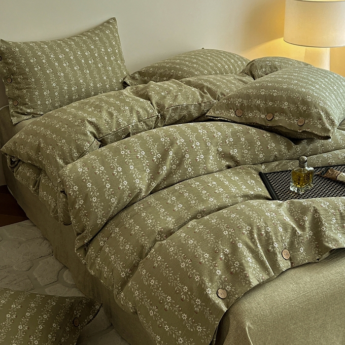 91家纺网 家纺一手货源 找家纺 仟网汇  2025新款亚麻纽扣款四件套 复古绿