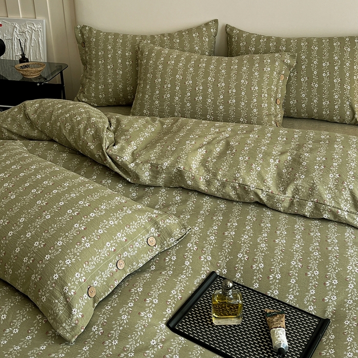 91家纺网 家纺一手货源 找家纺 仟网汇  2025新款亚麻纽扣款四件套 复古绿