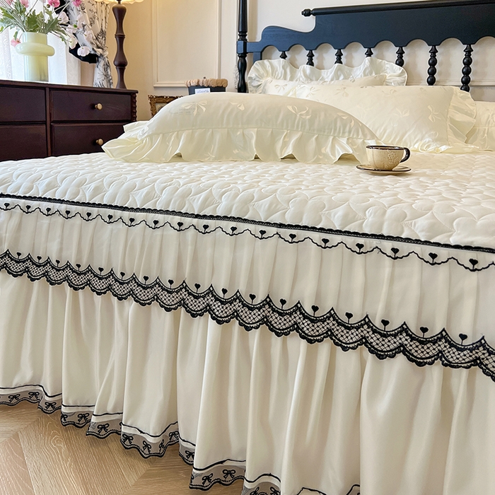 91家纺网 家纺一手货源 找家纺 网红馆（ck家纺）2025新款提花蕾丝边床裙三件套-相思蝶 相思蝶-米