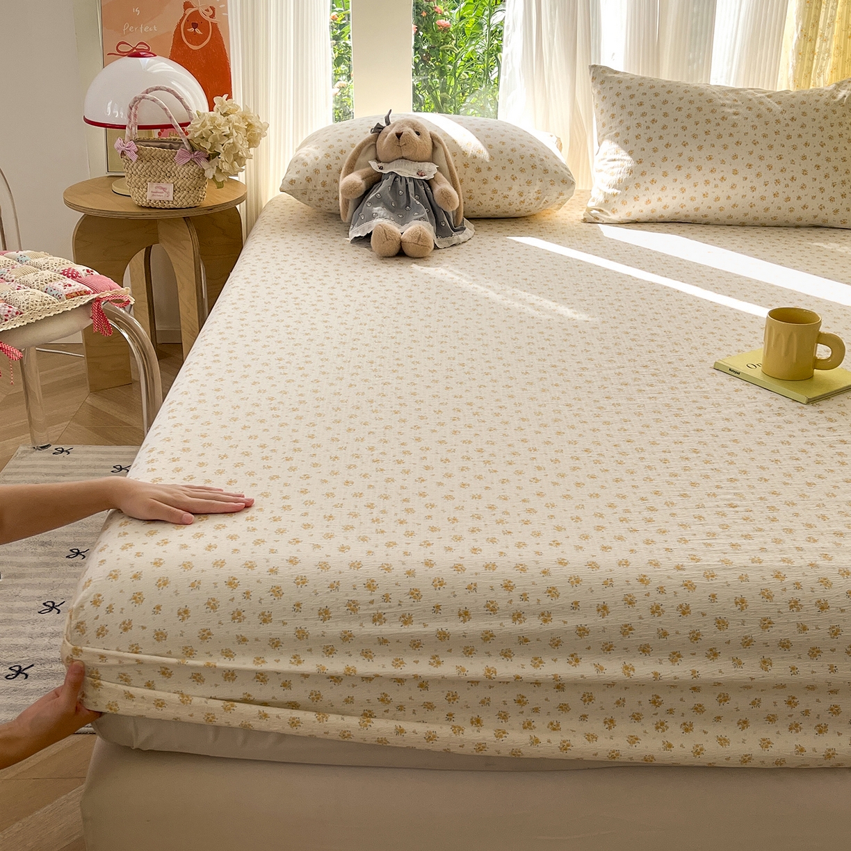 91家纺网 家纺一手货源 找家纺 沐芷 2025 沐芷A类双层纱床笠单件/床笠三件套  床笠款床罩床垫保护套罩 橘子海